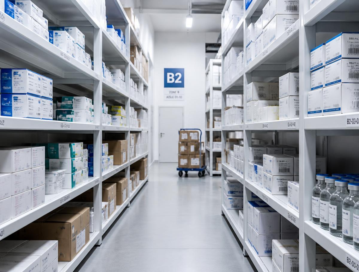 Pharmaceutical distribution warehouse aisle stocked with medical supplies