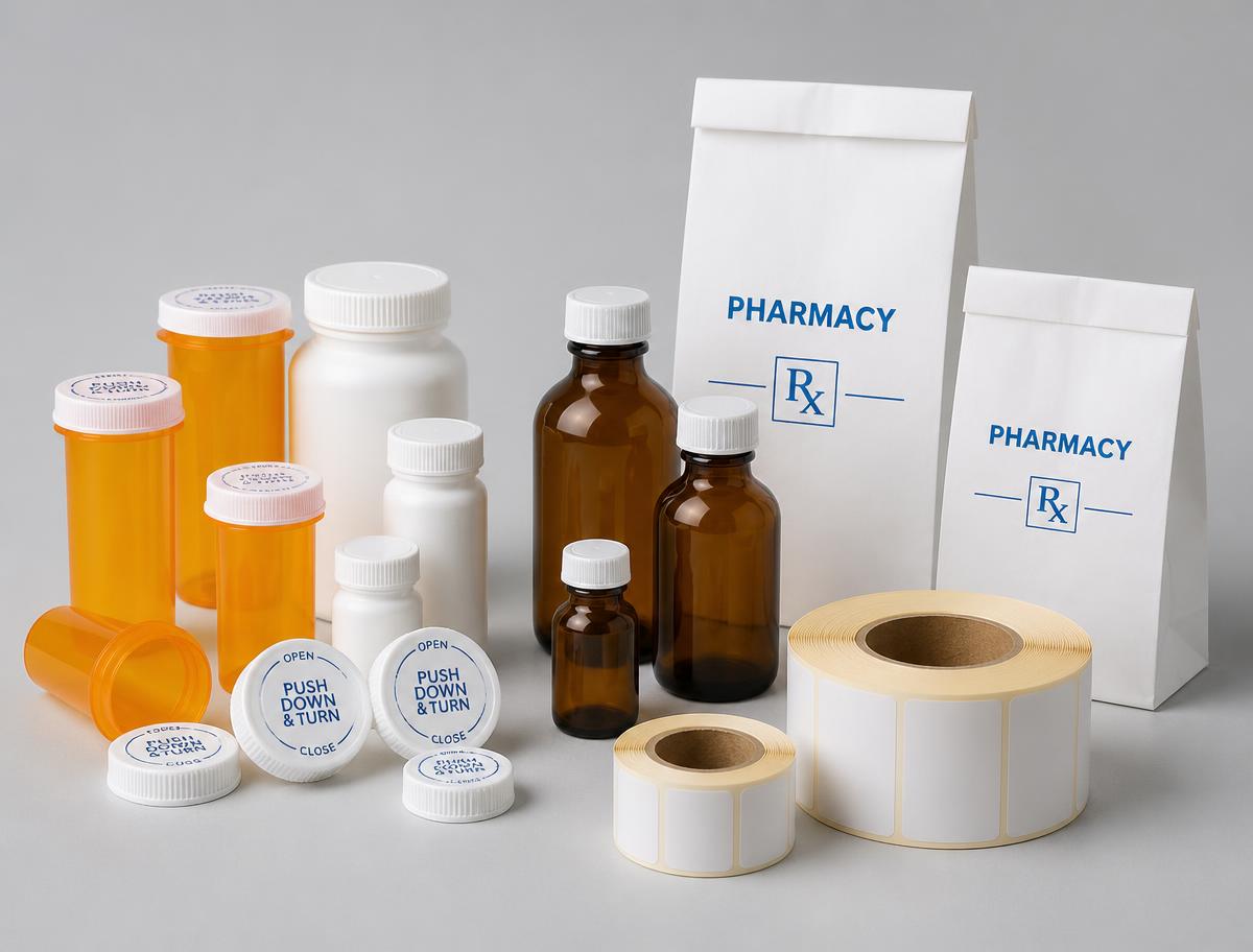 Pharmacy vials, amber bottles, caps, Rx bags and blank label rolls
