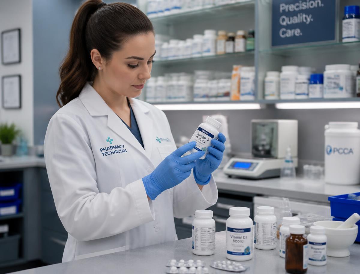Pharmacy technician inspecting labeled supplement bottles